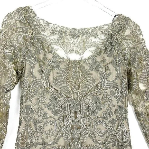 NWT Tadashi Shoji Dress Corded Embroidery On Tulle 3/4 Sleeve. Smoke Pearl Sz 2P
